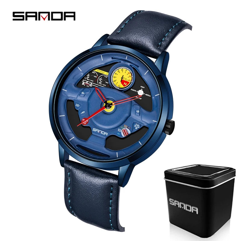 P1085 Fashion Men'S Watch Innovative Skeleton Car Steering Wheel Waterproof Stainless Steel Chronograph Quartz Wristwatch